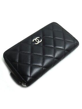 Chanel Quilted Small Zip Wallet Long Round Zipper Black